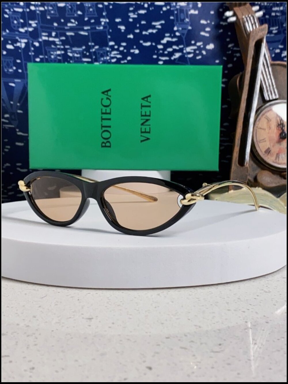Bottega Veneta Black Cat Eye Gold Knot Tan Lens Sunnies